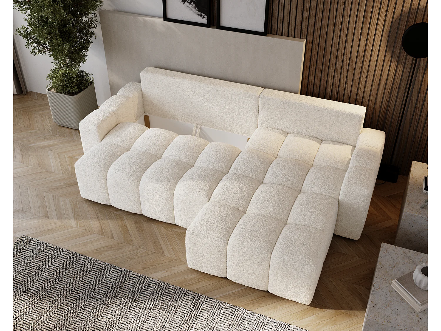 Emporius Wilson Hoekbank met slaapfunctie - slaapbank met bedlade, rechts, bouclé crème (Anthology 1)