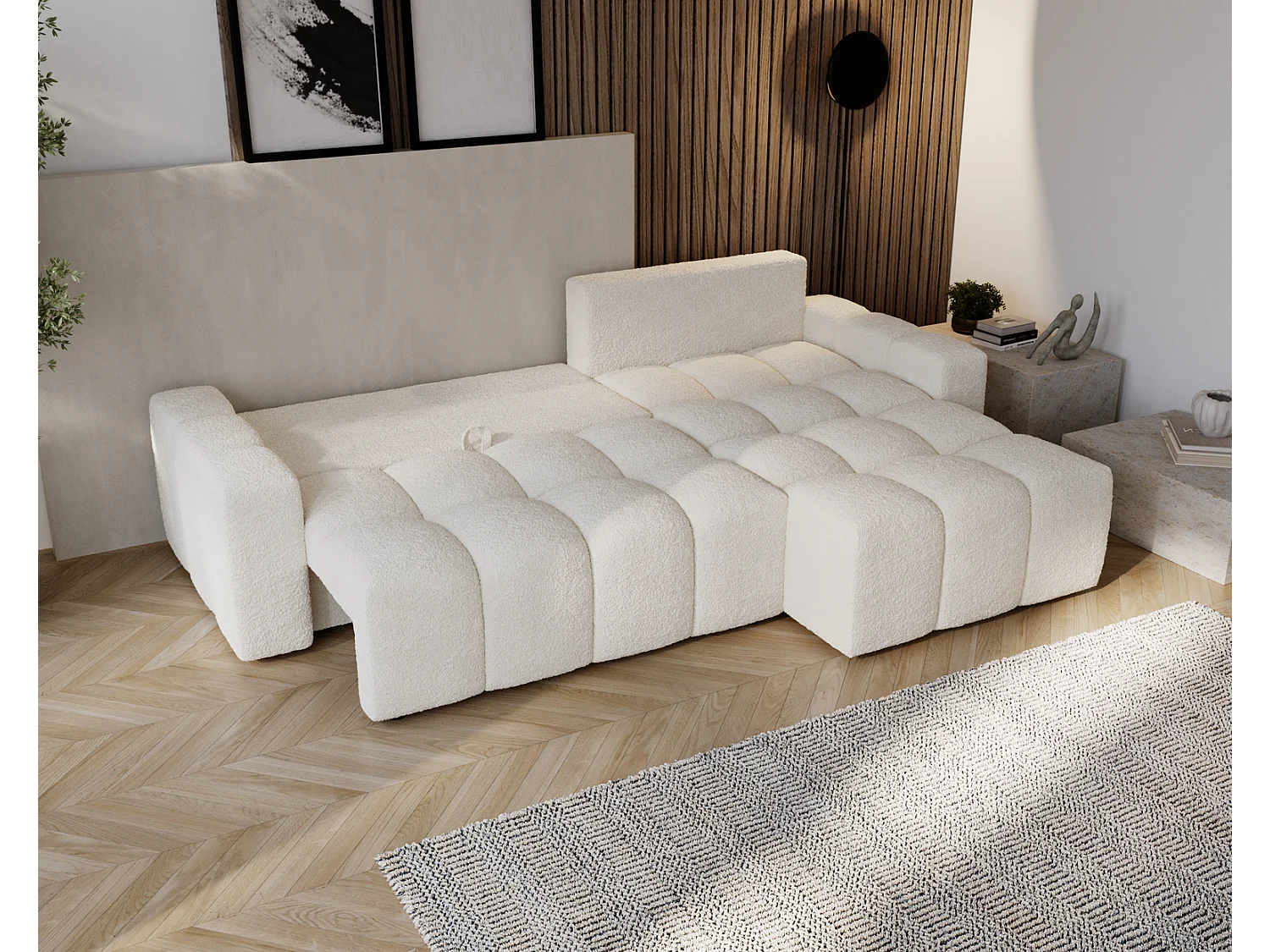 Emporius Wilson Hoekbank met slaapfunctie - slaapbank met bedlade, rechts, bouclé crème (Anthology 1)
