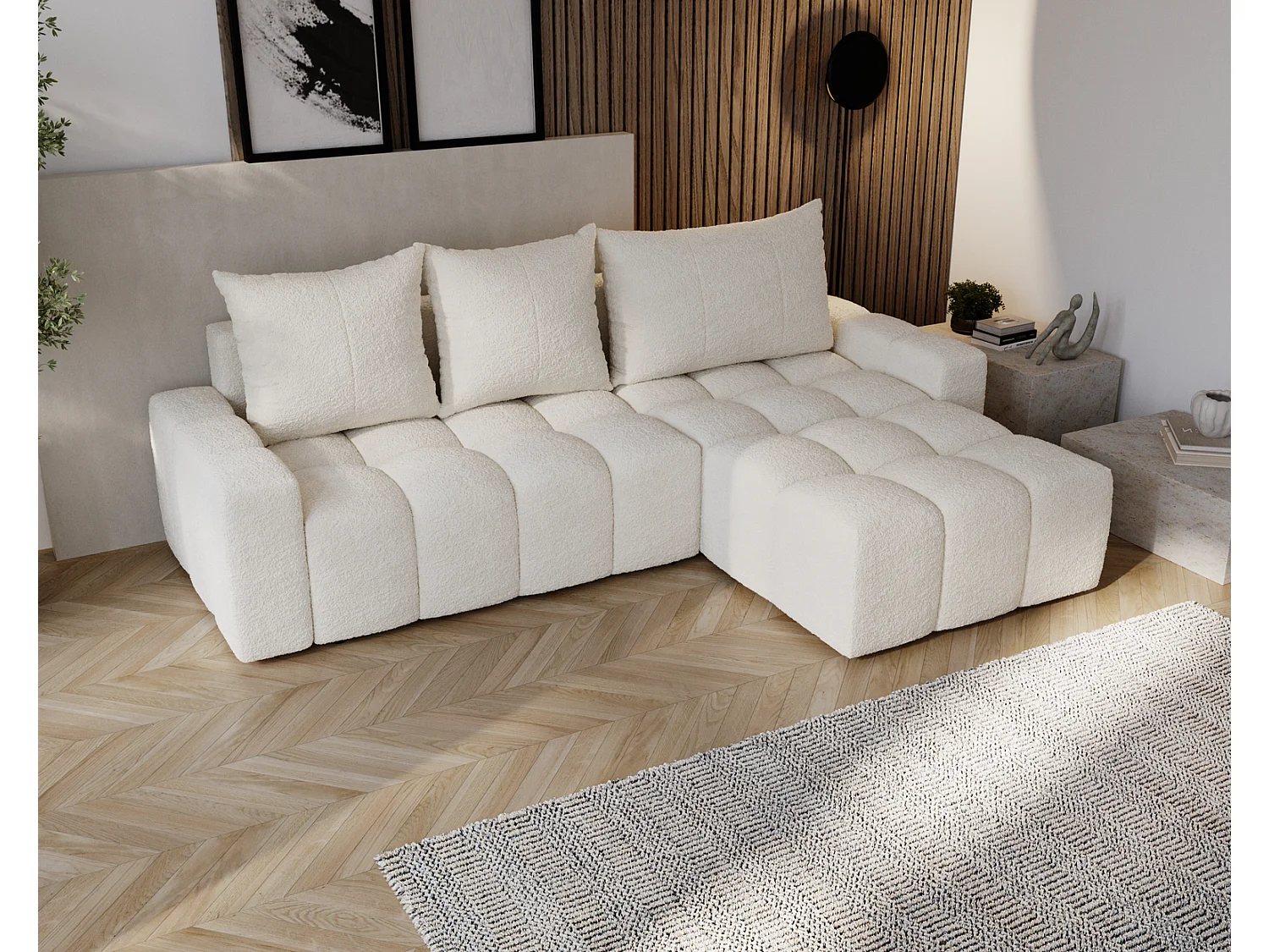 Canapé d'angle convertible Wilson, 255 cm, tissu bouclé, droit, crème