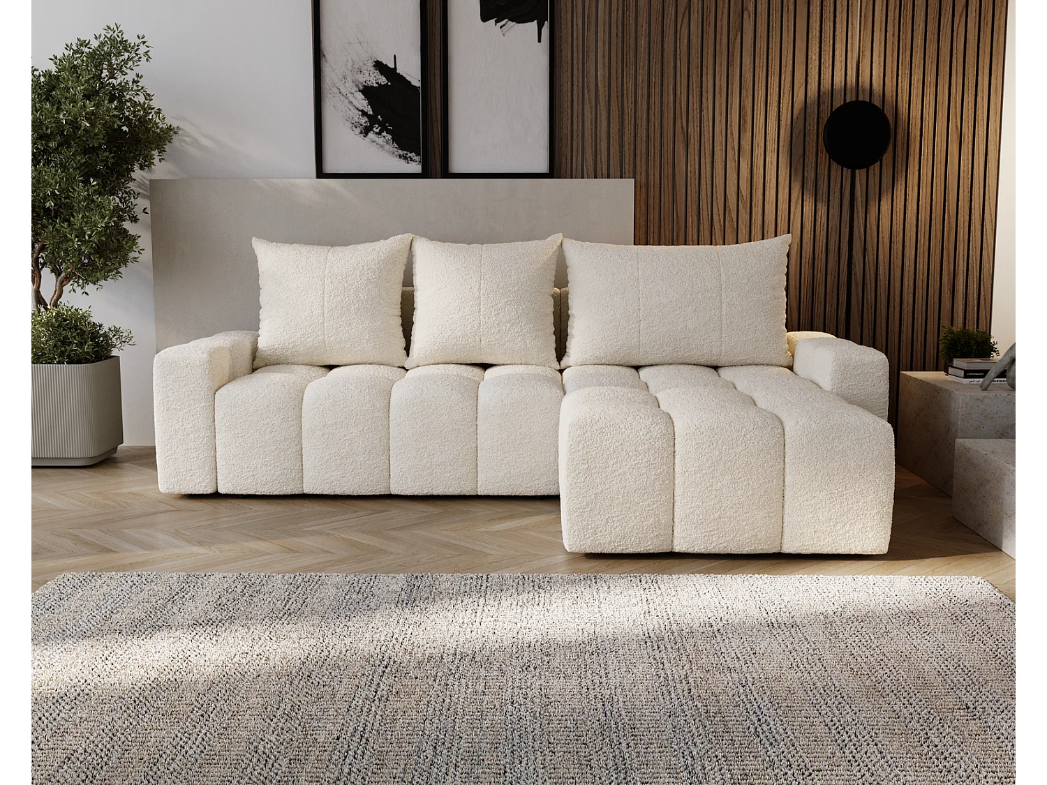 Canapé d'angle convertible Wilson, 255 cm, tissu bouclé, droit, crème