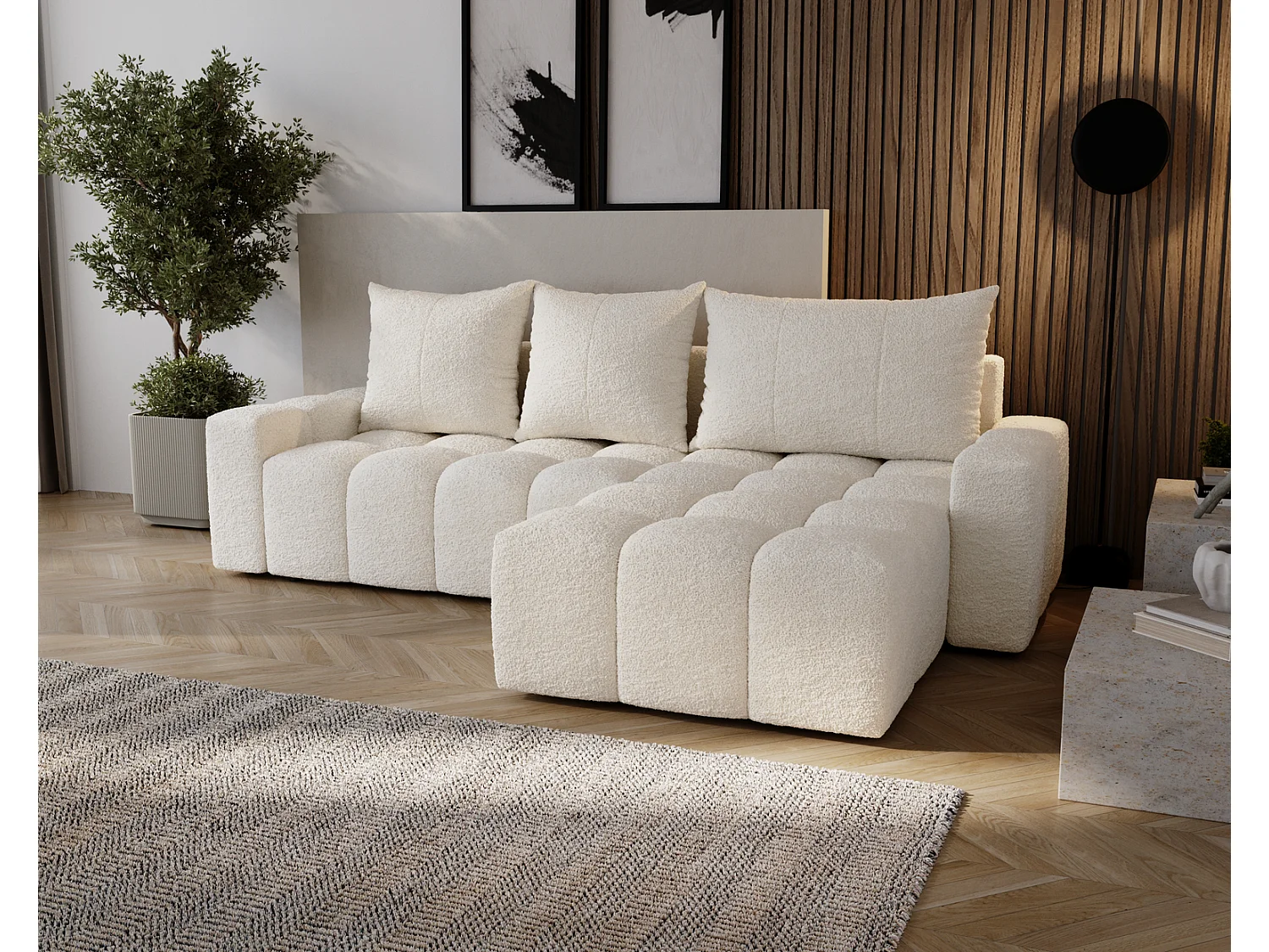 Canapé d'angle convertible Wilson, 255 cm, tissu bouclé, droit, crème