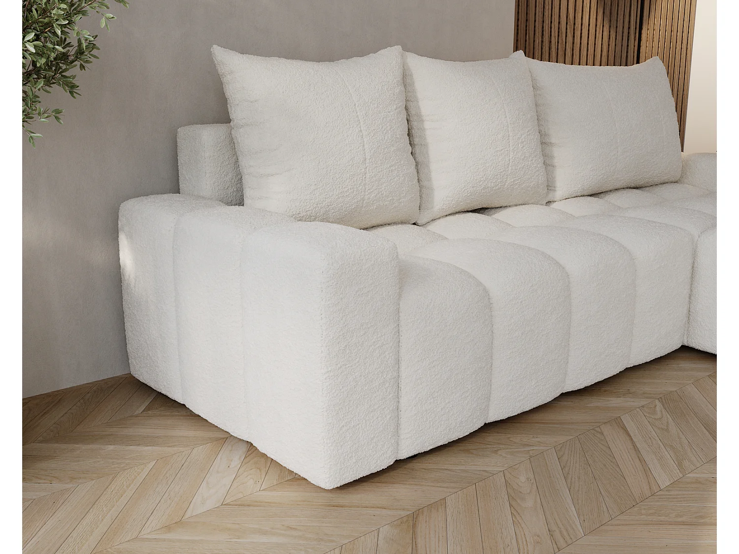 Canapé d'angle convertible Wilson, 255 cm, tissu bouclé, droit, crème
