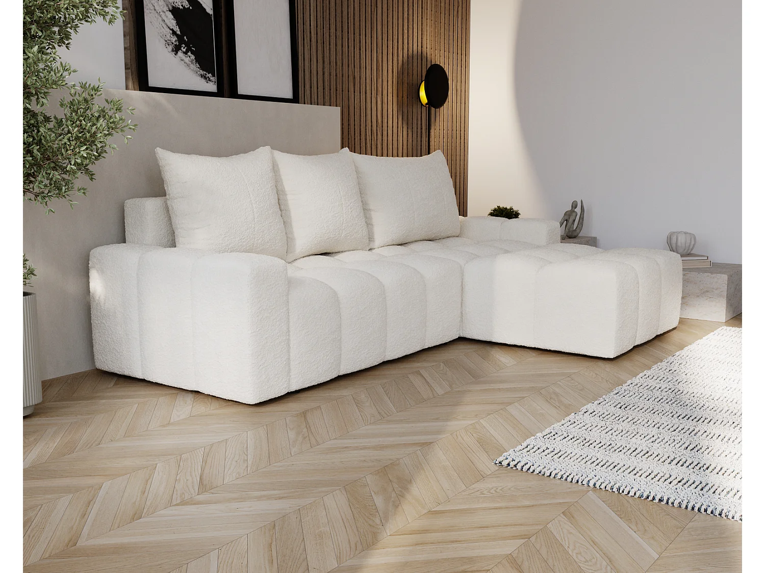 Canapé d'angle convertible Wilson, 255 cm, tissu bouclé, droit, crème