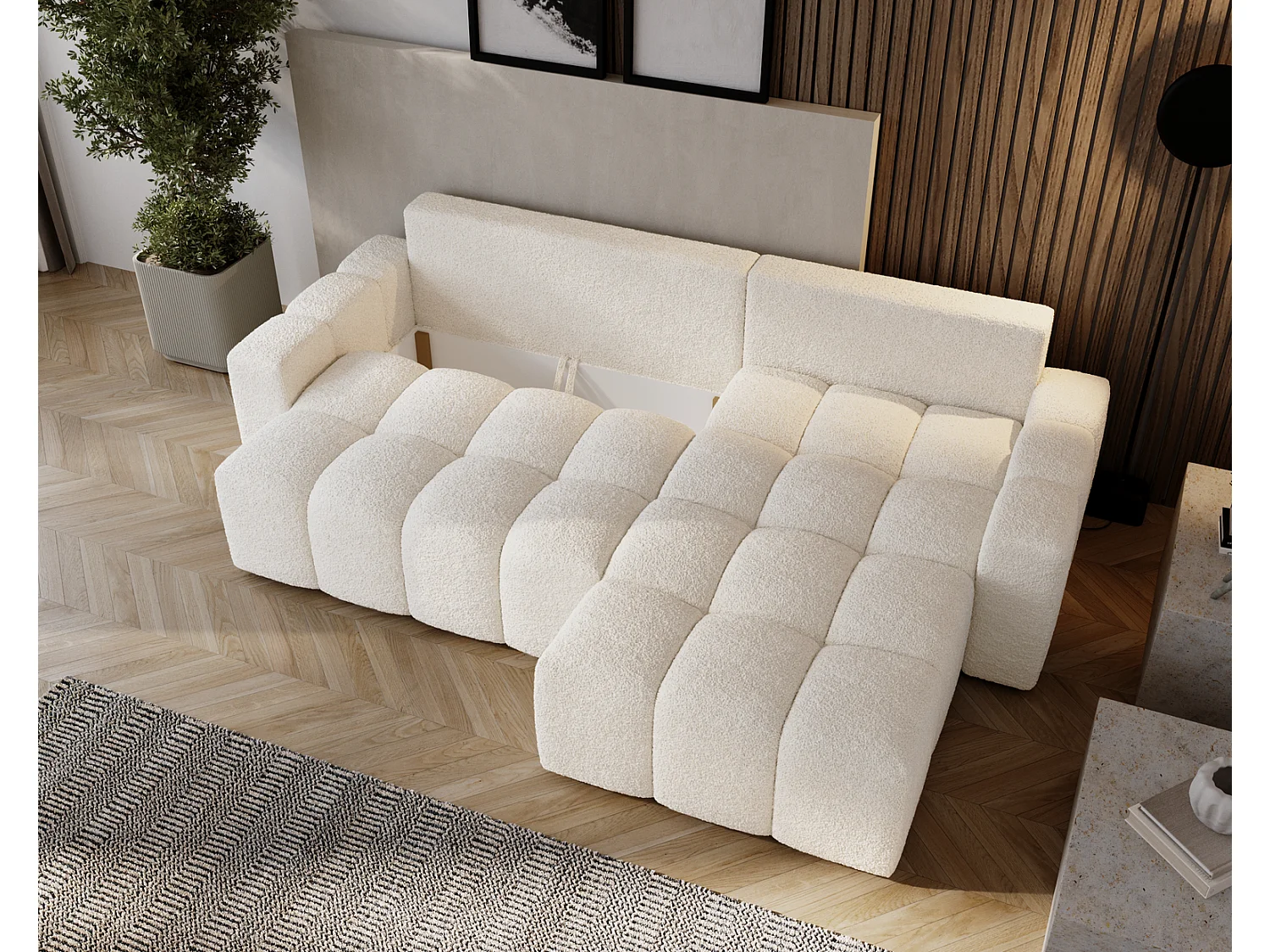 Canapé d'angle convertible Wilson, 255 cm, tissu bouclé, droit, crème