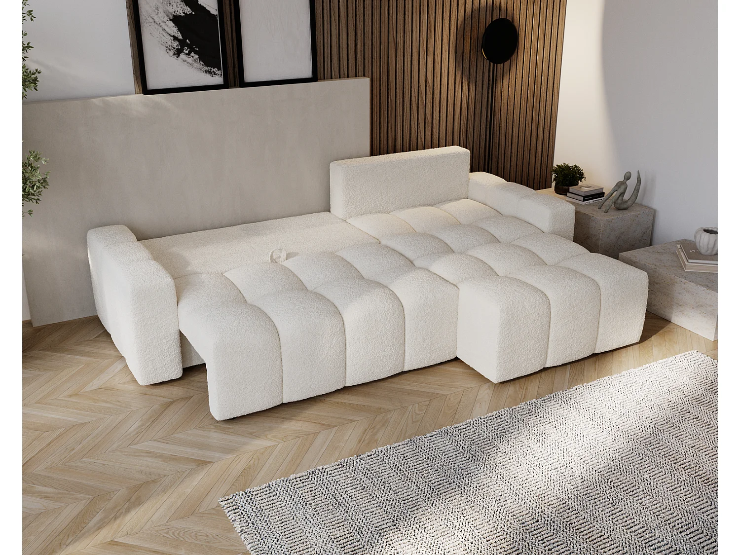Canapé d'angle convertible Wilson, 255 cm, tissu bouclé, droit, crème