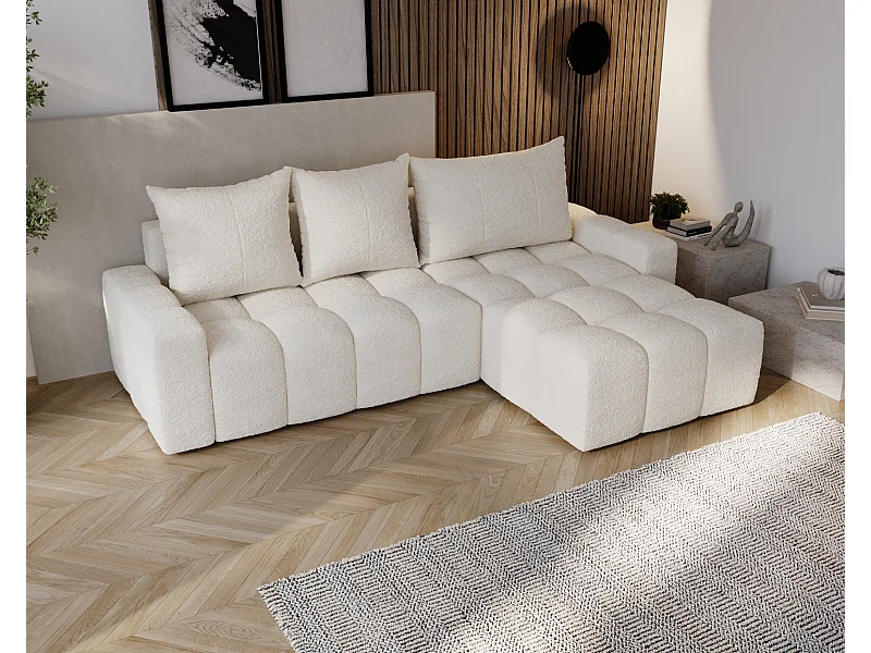 Emporius Wilson Canapé d'angle - Tissu Bouclé, Canapé 255 cm Convertible, Droite - Crème (Anthology 1)