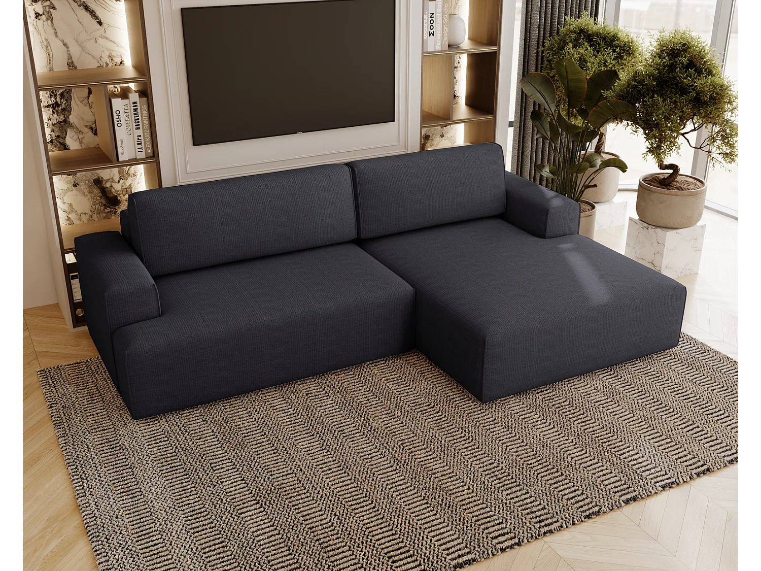 Emporius Boston Hoekbank L-Vorm - bank met slaapfunctie et bedlade - slaapbank 270 cm, rechts, zwart (Memphis 20)