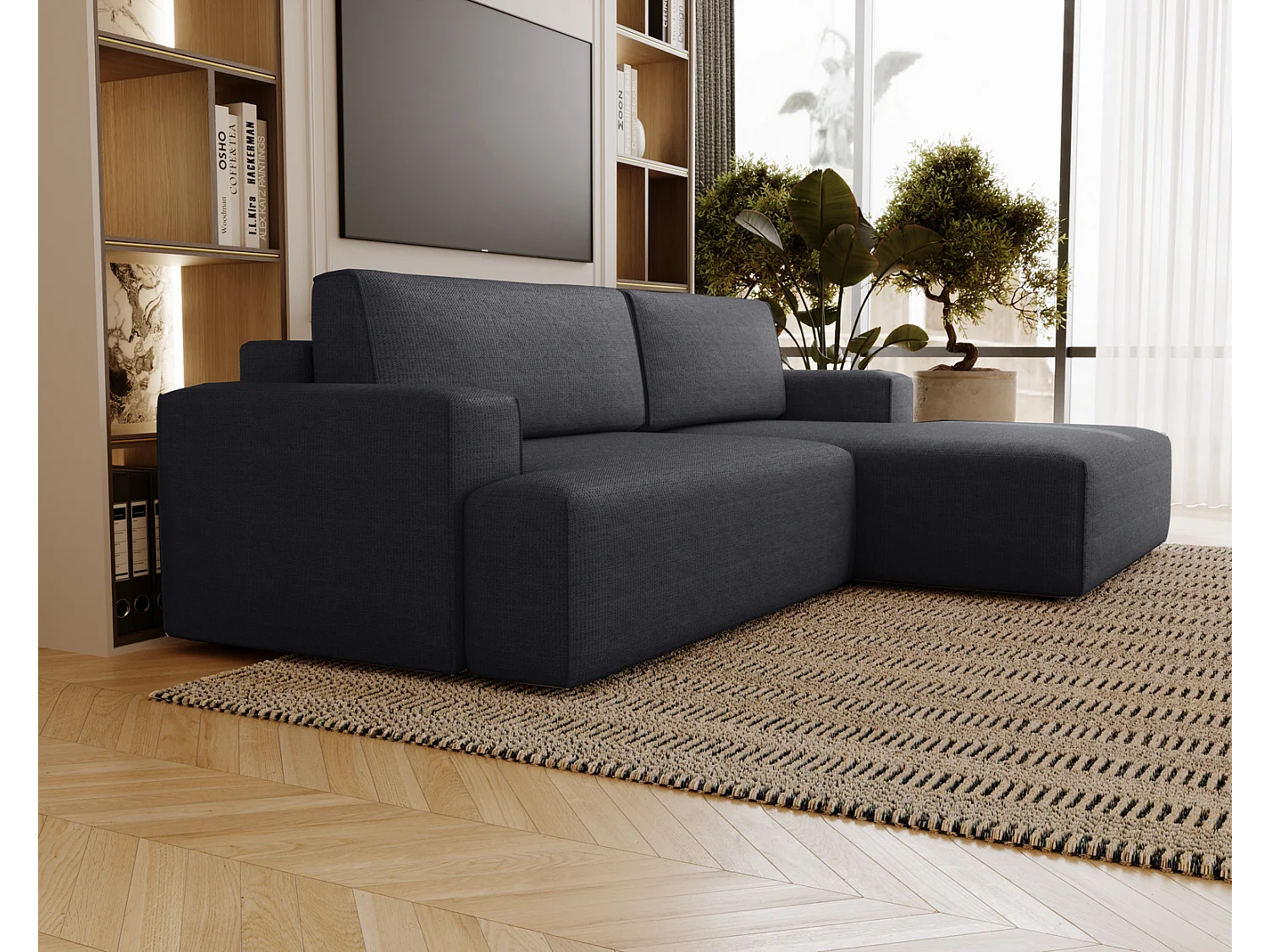 Emporius Boston Hoekbank L-Vorm - bank met slaapfunctie et bedlade - slaapbank 270 cm, rechts, zwart (Memphis 20)