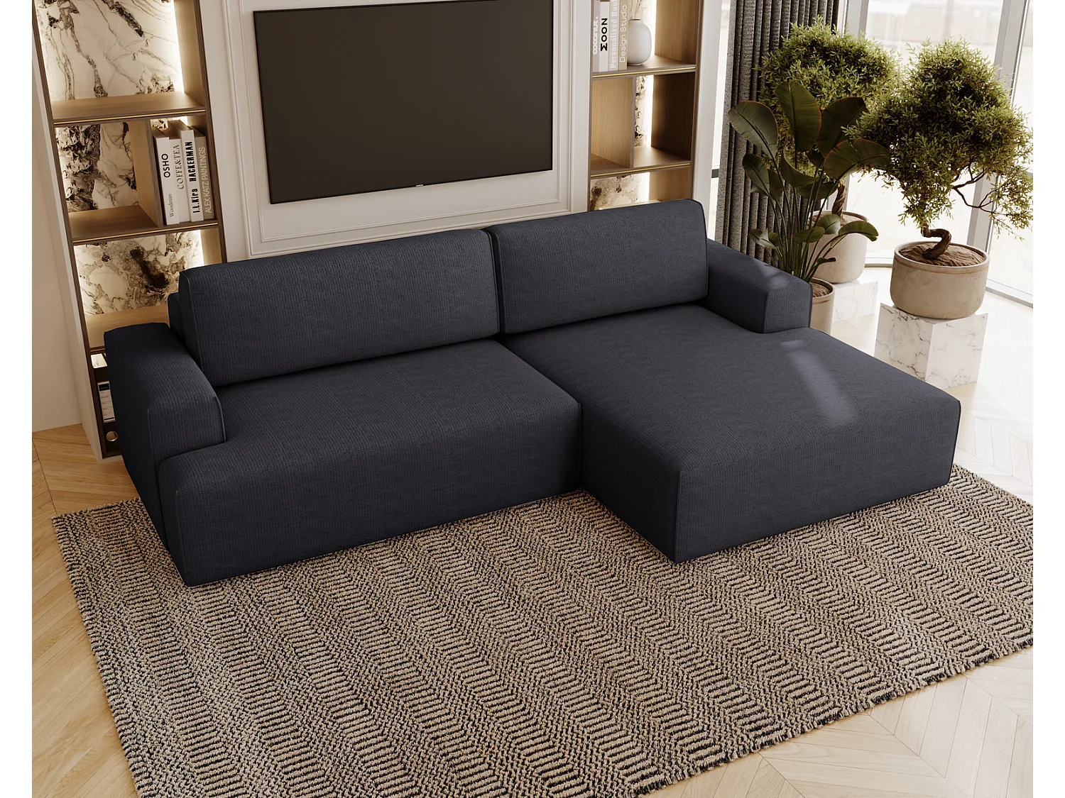 Canapé d'angle convertible Boston, canapé-lit 270 cm avec coffre de rangement, 4 places, droit, noir