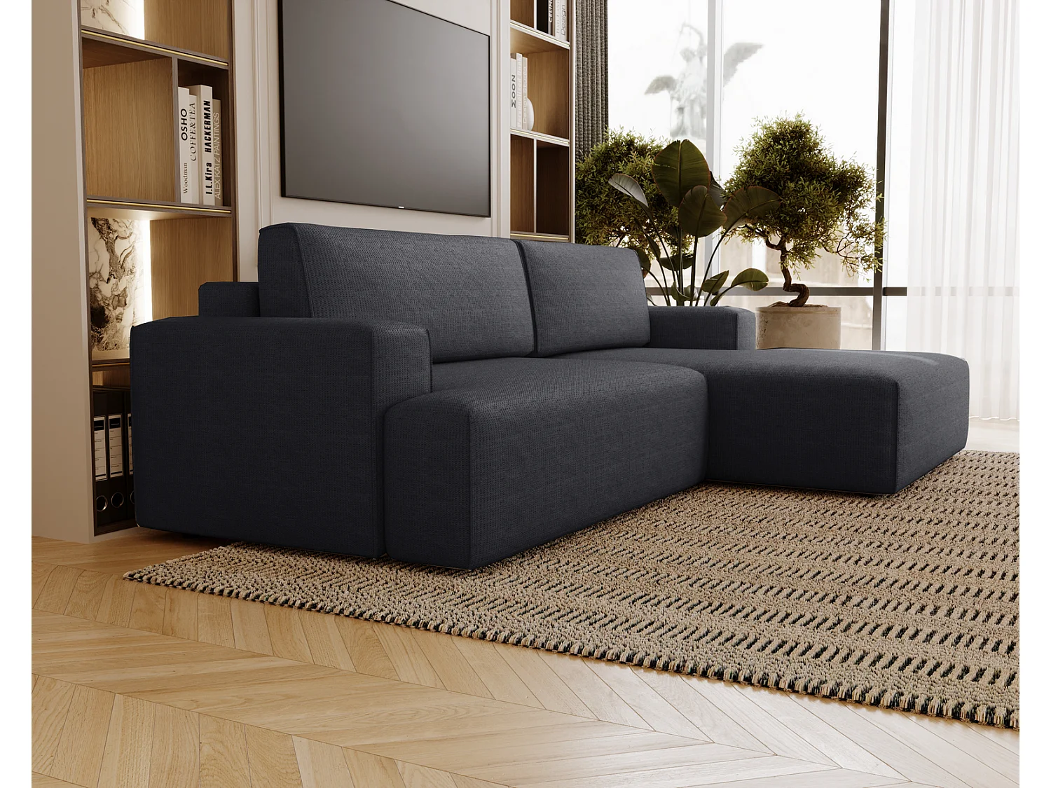 Canapé d'angle convertible Boston, canapé-lit 270 cm avec coffre de rangement, 4 places, droit, noir
