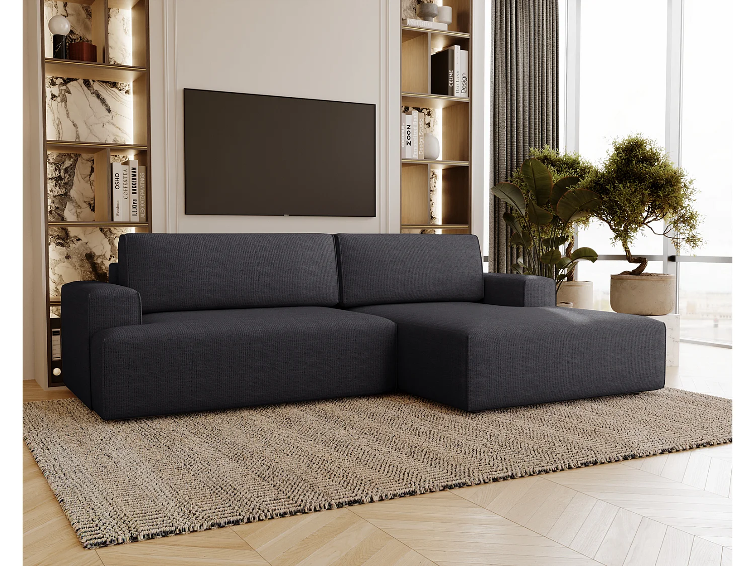 Canapé d'angle convertible Boston, canapé-lit 270 cm avec coffre de rangement, 4 places, droit, noir