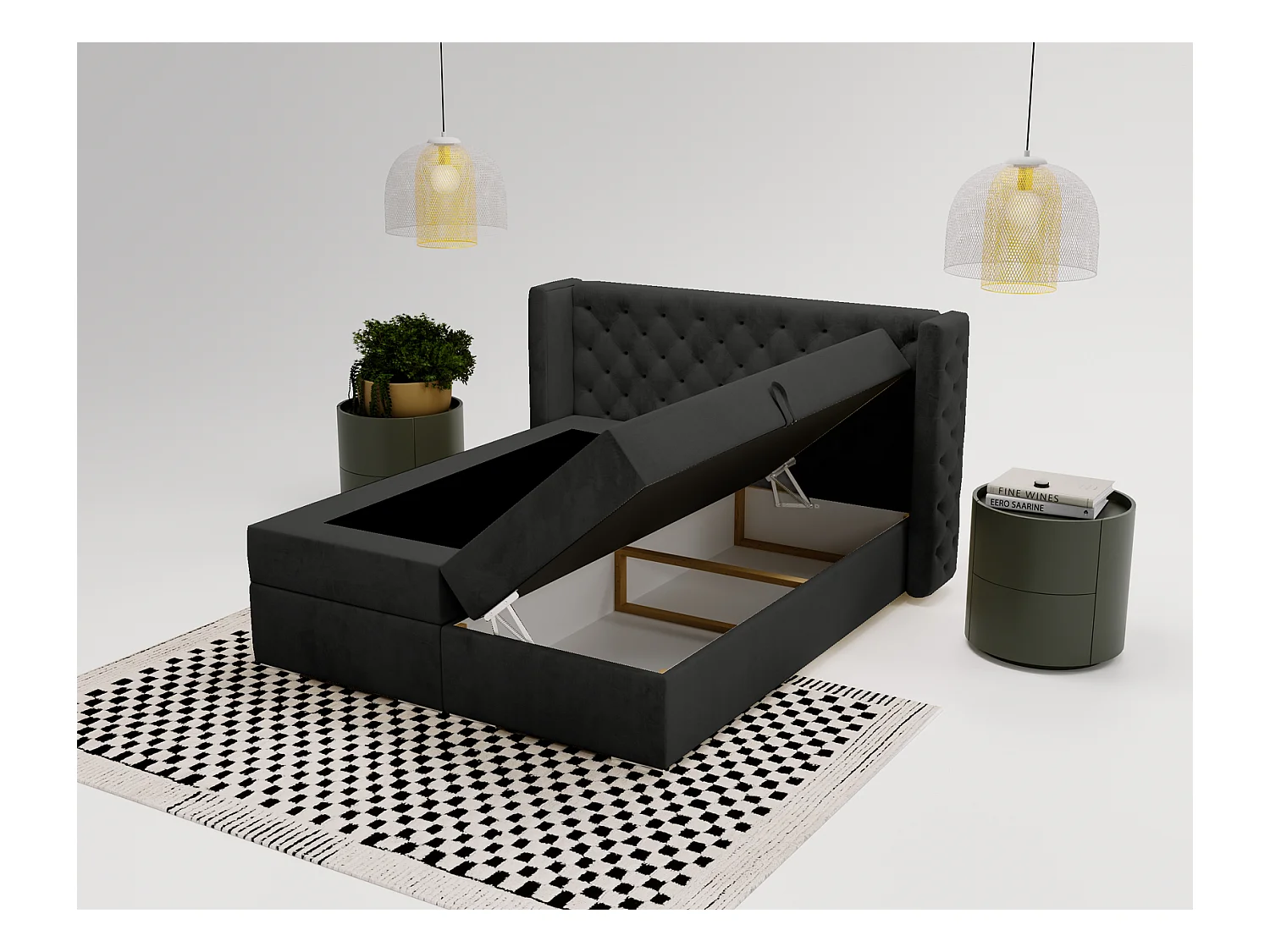 Emporius Valencia Box Lit adulte 140x200 cm - Lit avec matelas, Rangement, surmatelas, - lit double 140x200 Noir (Magic Velvet 2219)