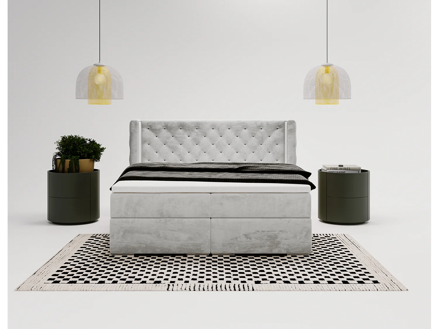 Emporius Valencia Box łóżko kontynentalne 160x200 - topper, materac H3, pojemnik - łóżko małżeńskie, tkanina aksamitna, jasny szary (Magic Velvet 2218)