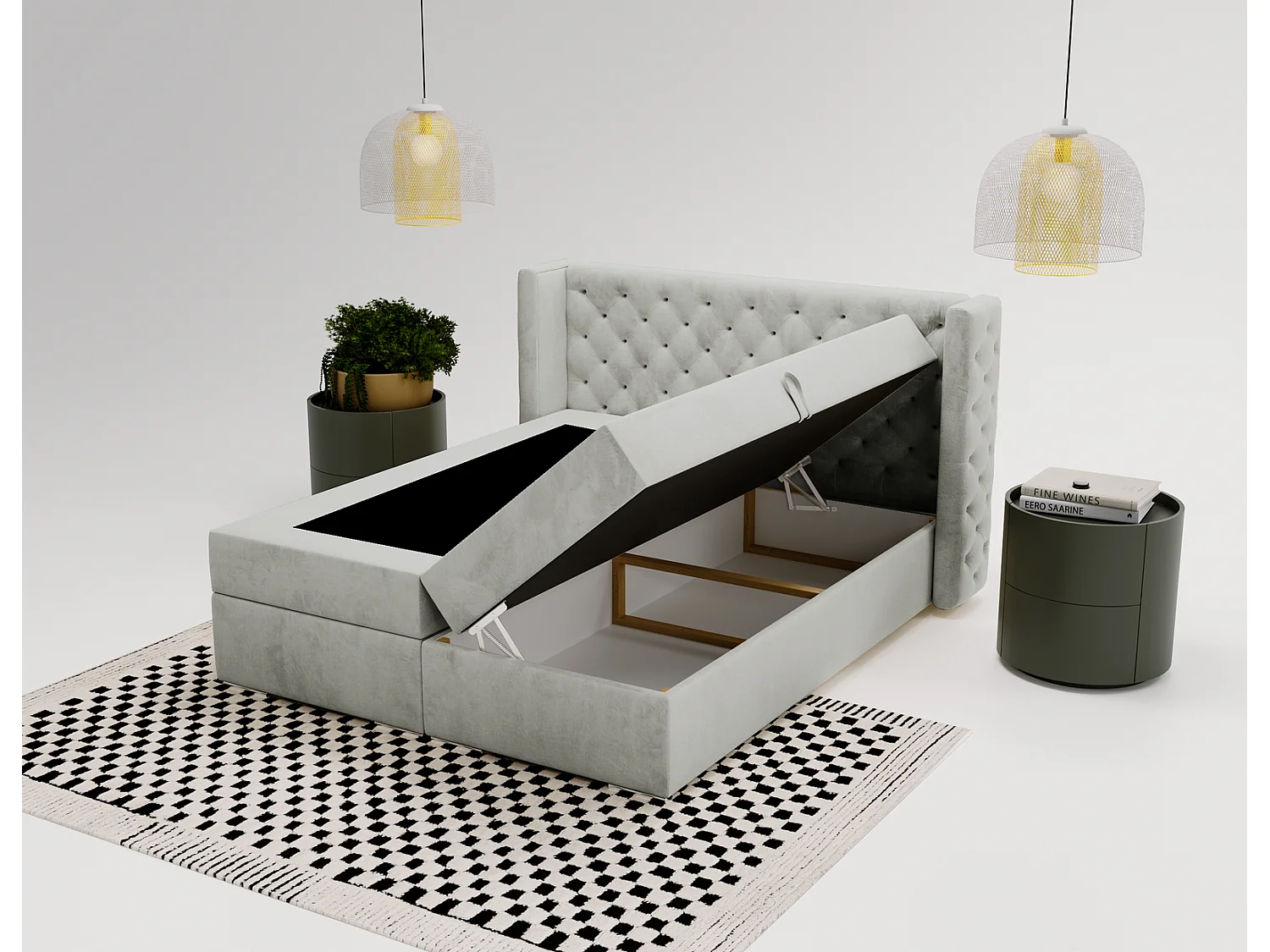 Emporius Valencia Box łóżko kontynentalne 160x200 - topper, materac H3, pojemnik - łóżko małżeńskie, tkanina aksamitna, jasny szary (Magic Velvet 2218)