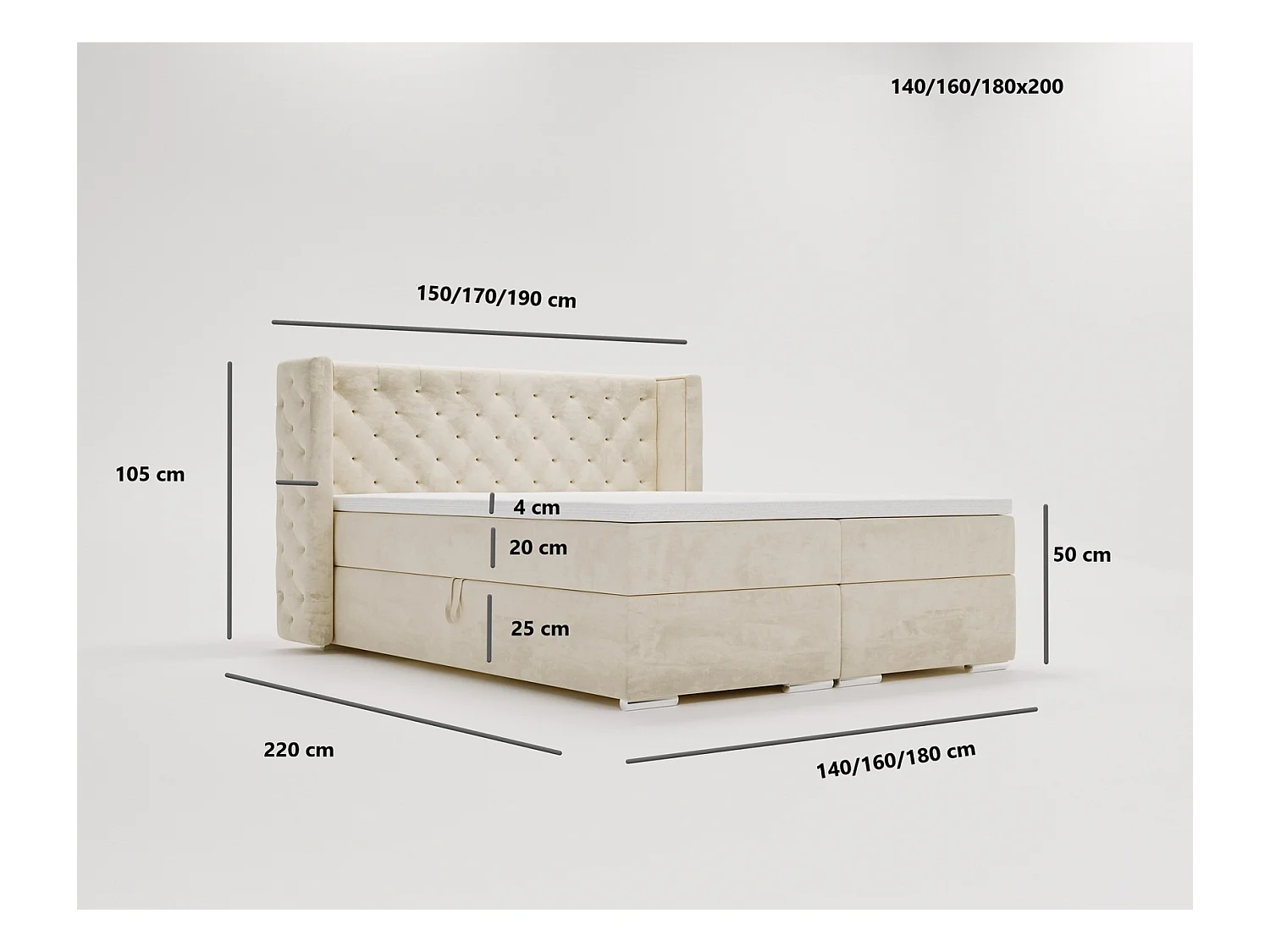 Emporius Valencia Box Lit adulte 160x200 cm - Lit avec matelas, Rangement, surmatelas, - lit double 160x200 Noir (Magic Velvet 2219)