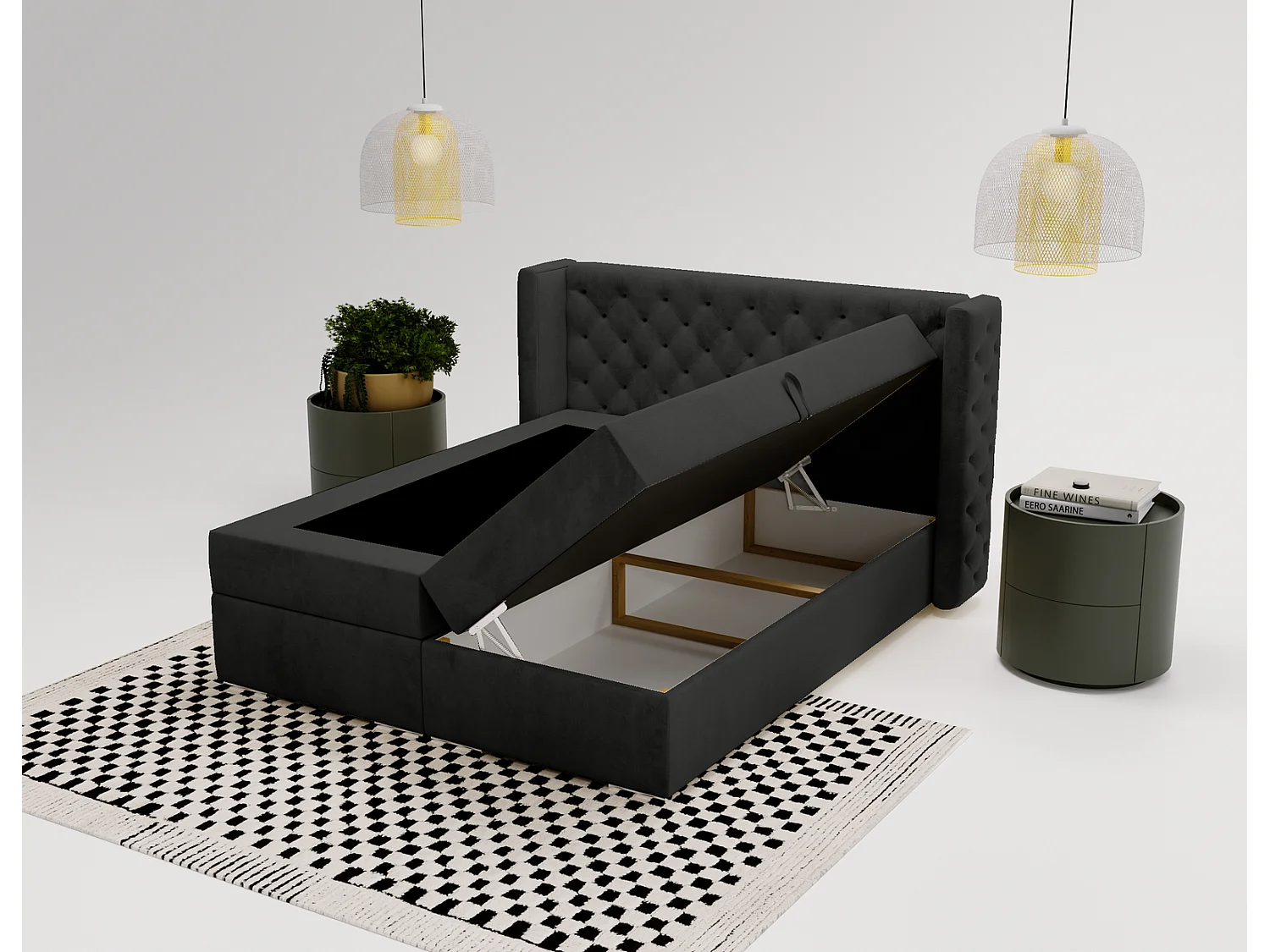 Emporius Valencia Box Lit adulte 160x200 cm - Lit avec matelas, Rangement, surmatelas, - lit double 160x200 Noir (Magic Velvet 2219)