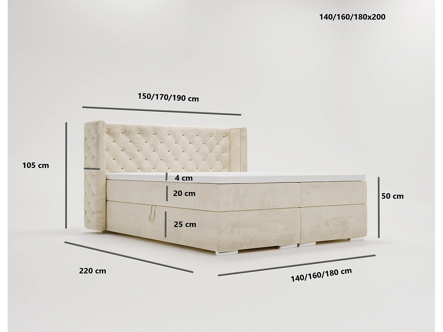 Emporius Valencia Box Lit adulte 160x200 cm - Lit avec matelas, Rangement, surmatelas, - lit double 160x200 Noir (Magic Velvet 2219)