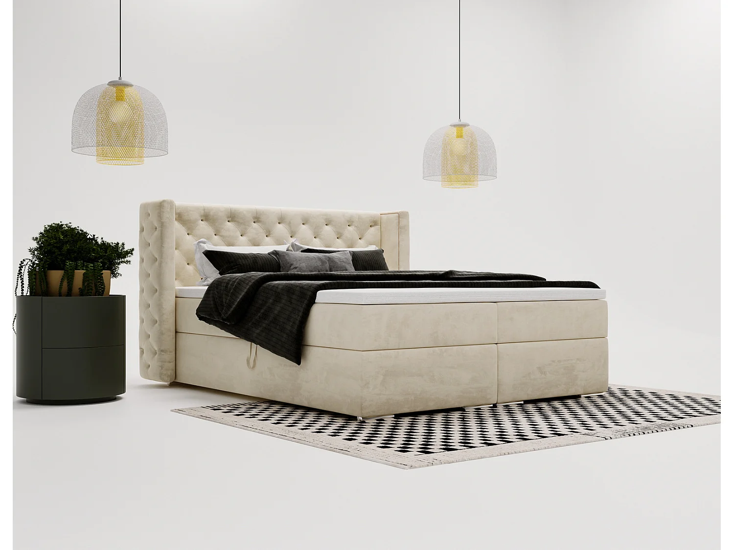 Emporius Valencia Box łóżko kontynentalne 180x200 - topper, materac H3, pojemnik - łóżko małżeńskie, tkanina aksamitna, beżowy (Magic Velvet 2201)