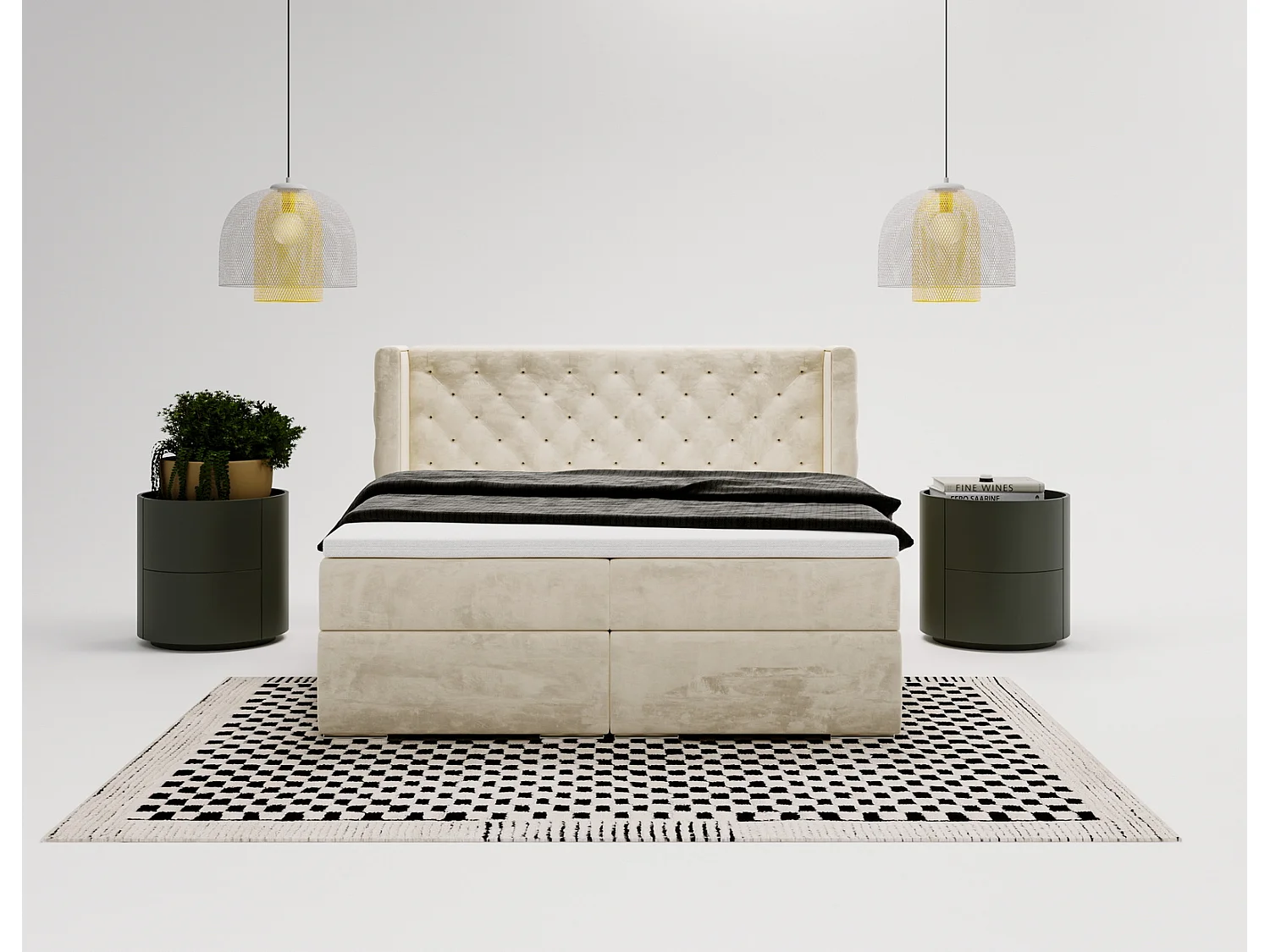 Emporius Valencia Box łóżko kontynentalne 180x200 - topper, materac H3, pojemnik - łóżko małżeńskie, tkanina aksamitna, beżowy (Magic Velvet 2201)