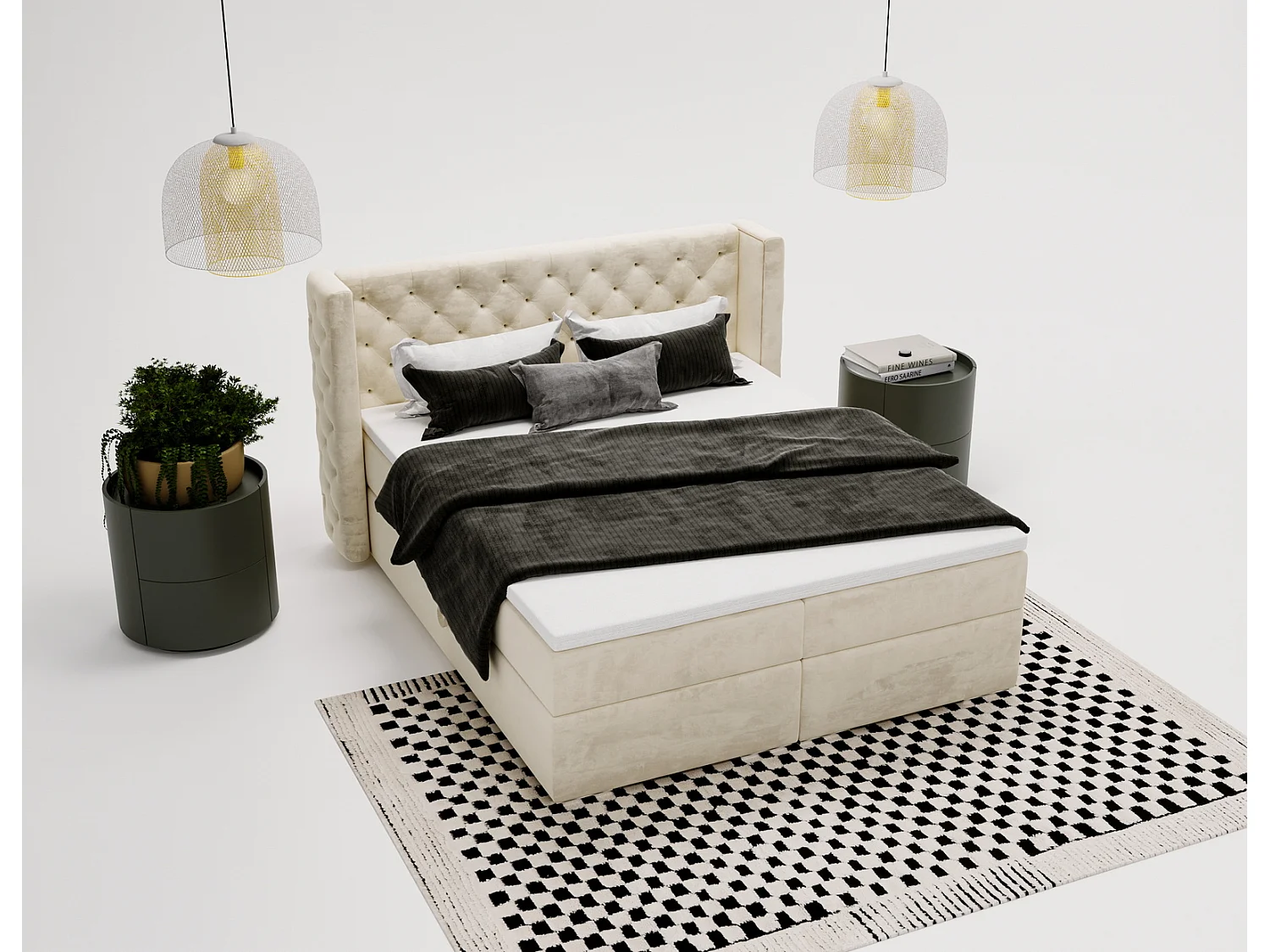 Emporius Valencia Box łóżko kontynentalne 180x200 - topper, materac H3, pojemnik - łóżko małżeńskie, tkanina aksamitna, beżowy (Magic Velvet 2201)