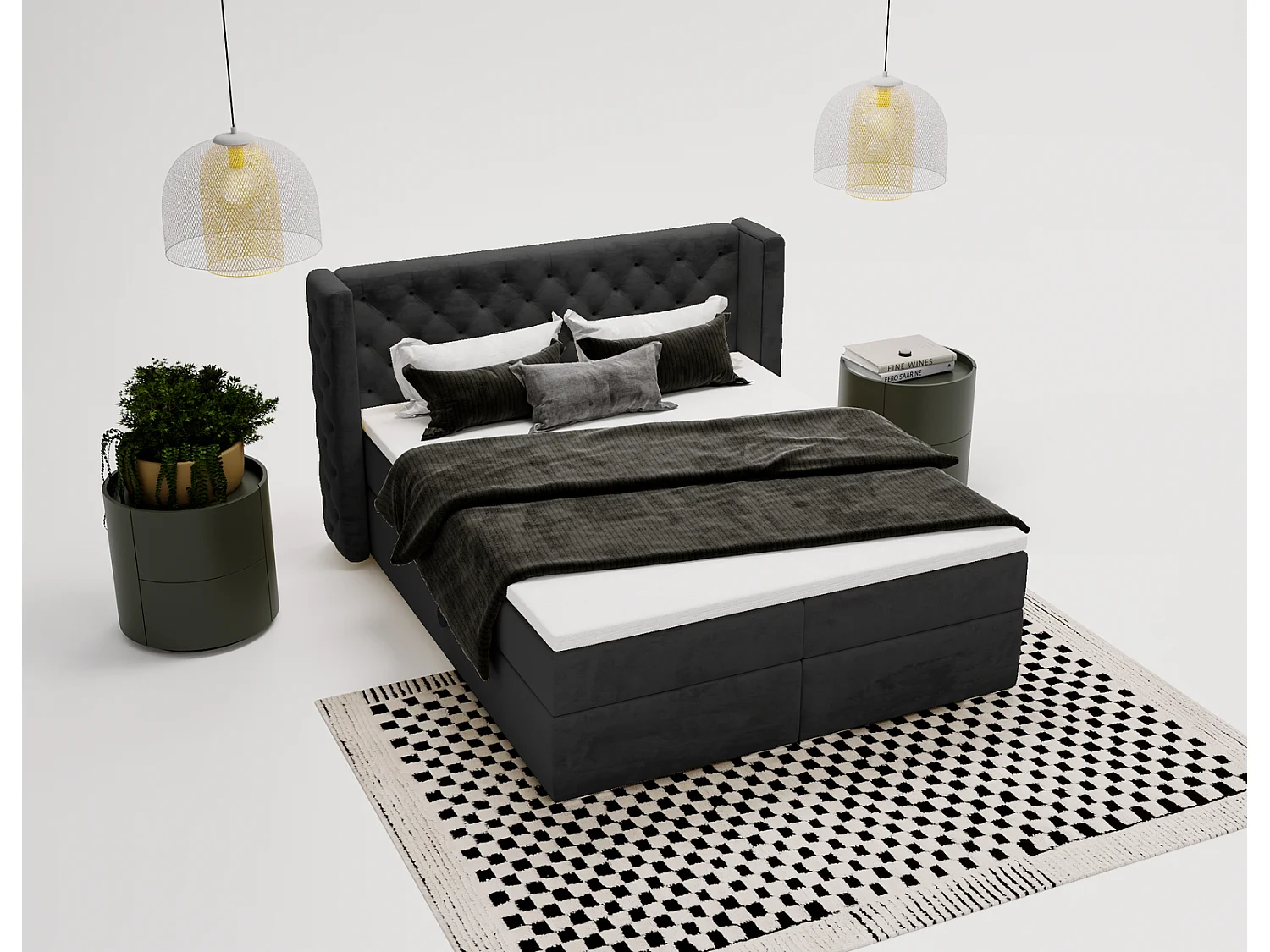 Emporius Valencia Box łóżko kontynentalne 180x200 - topper, materac H3, pojemnik - łóżko małżeńskie, tkanina aksamitna, czarny (Magic Velvet 2219)