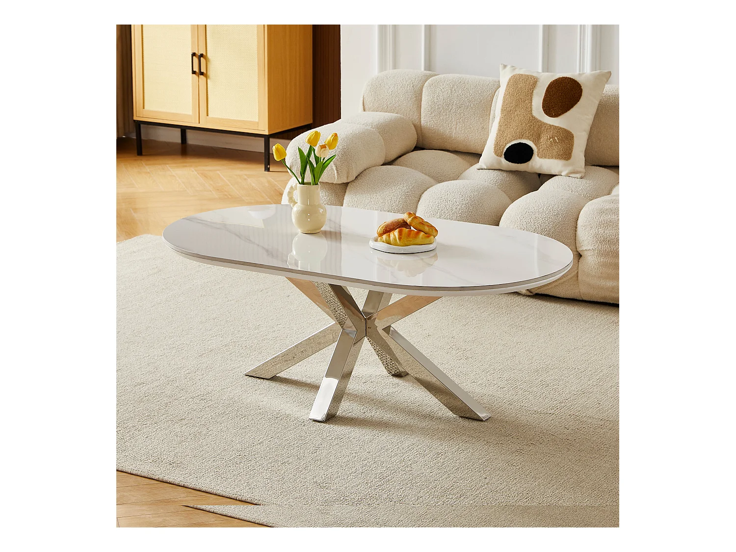 Table basse ovale - Céramique effet marbre blanc - Métal argenté