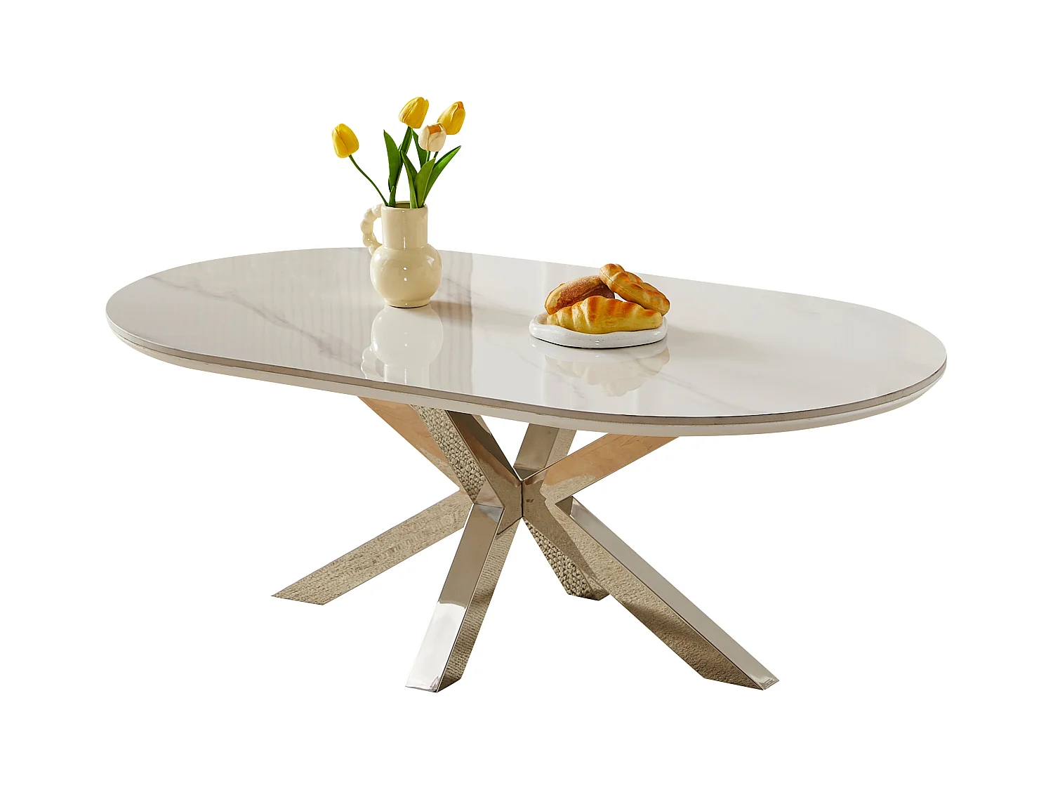 Table basse ovale - Céramique effet marbre blanc - Métal argenté