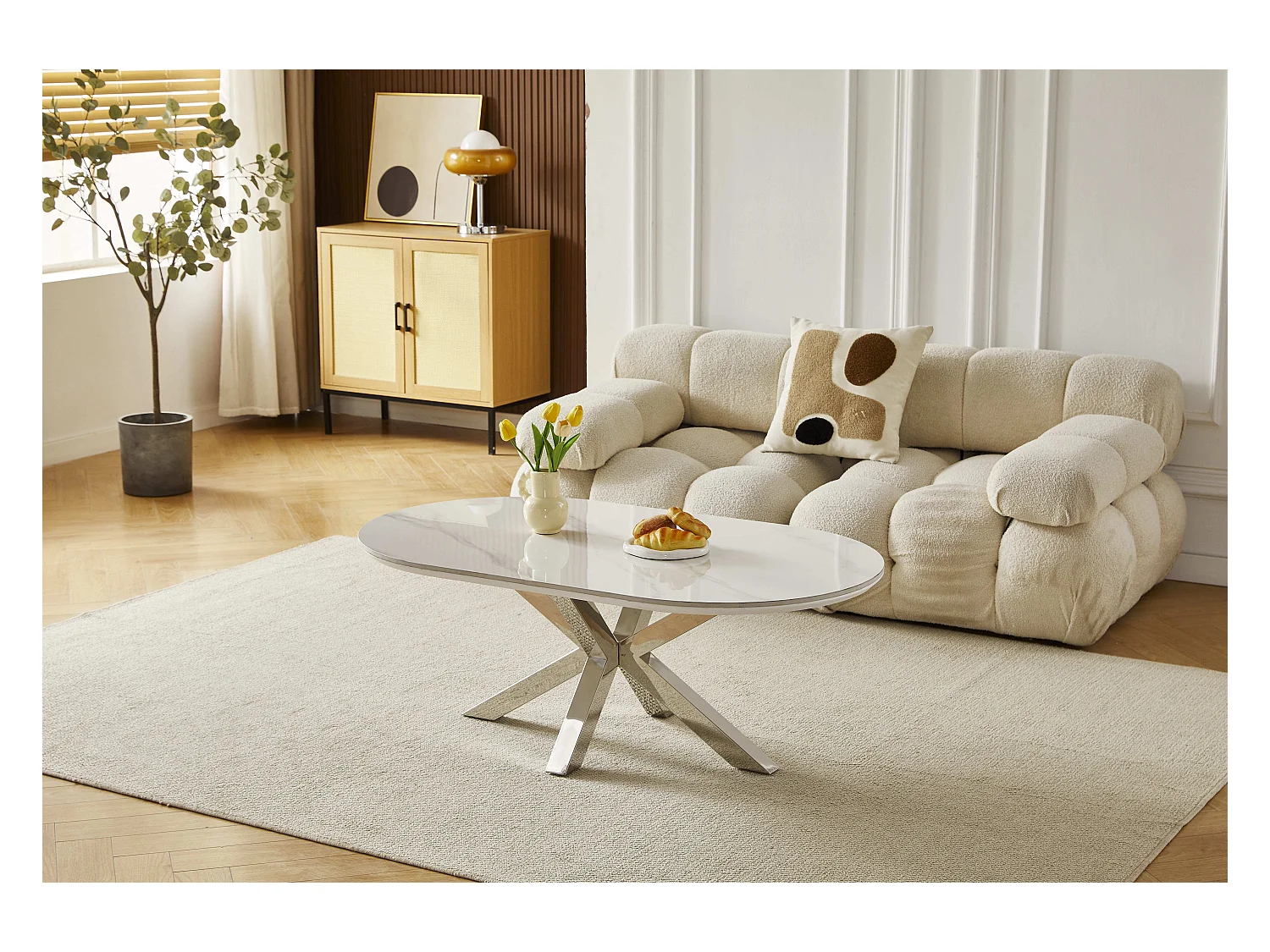 Table basse ovale  - Céramique effet marble blanc - Métal argenté