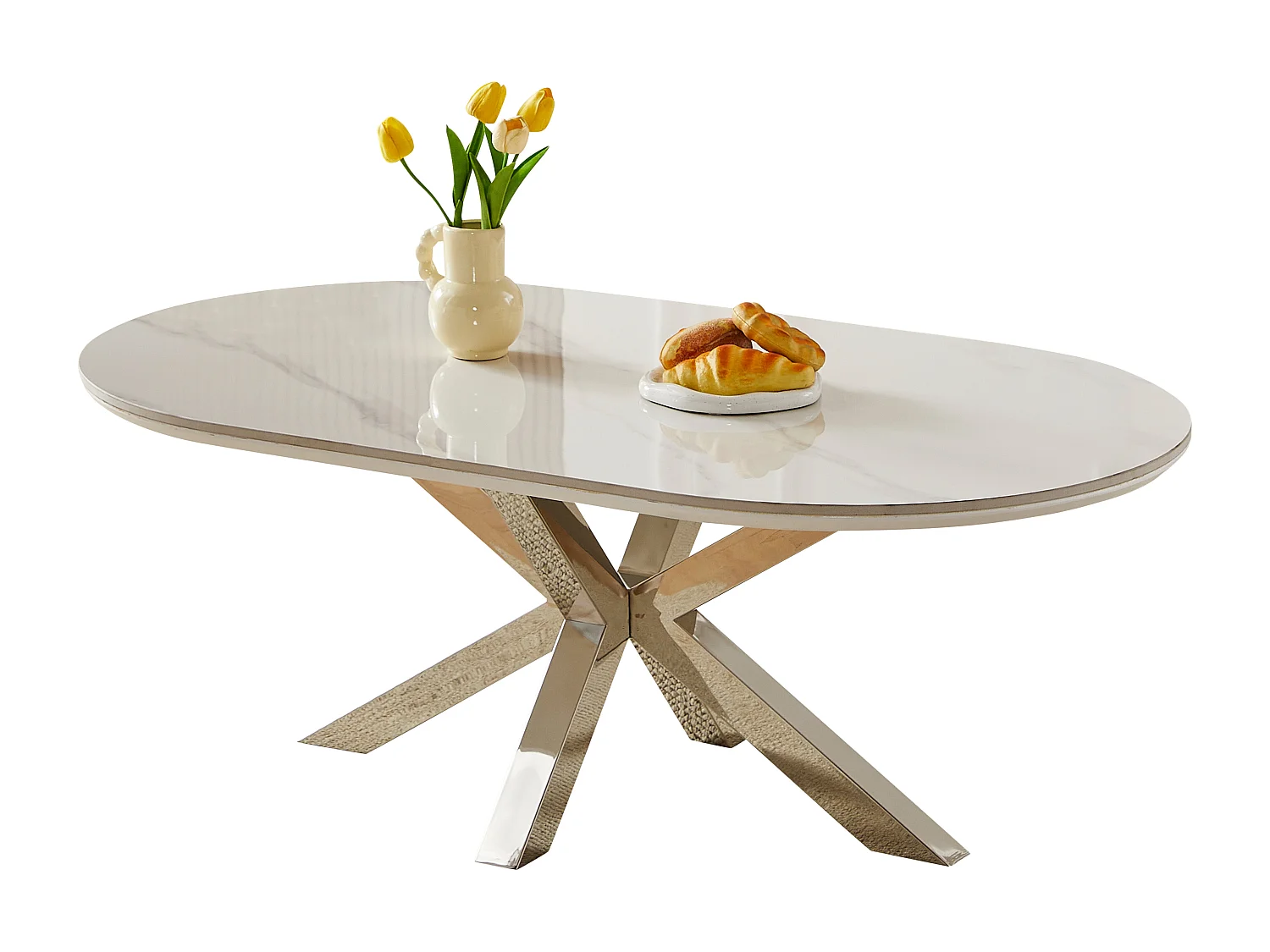 Table basse ovale - Céramique effet marbre blanc - Métal argenté