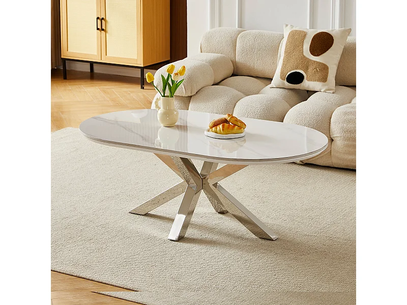 Table basse ovale - Céramique effet marbre blanc - Métal argenté