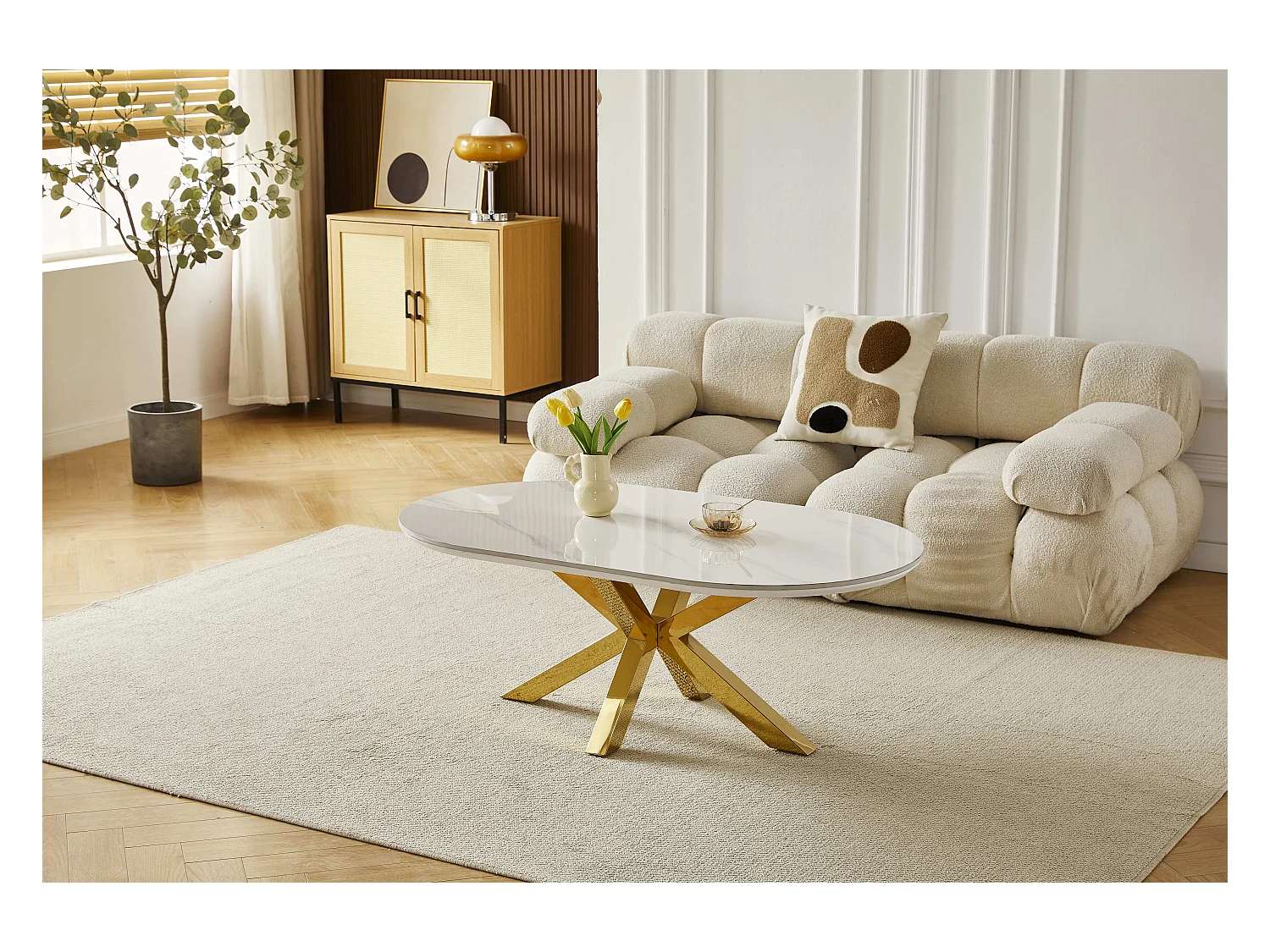 Table basse ovale  - Céramique effet marble blanc - Métal doré