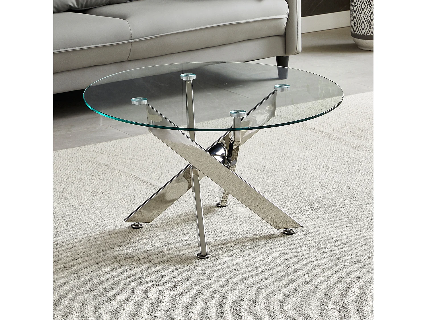 Table basse ronde - Verre trempé transparent - Métal argenté - CHIARA