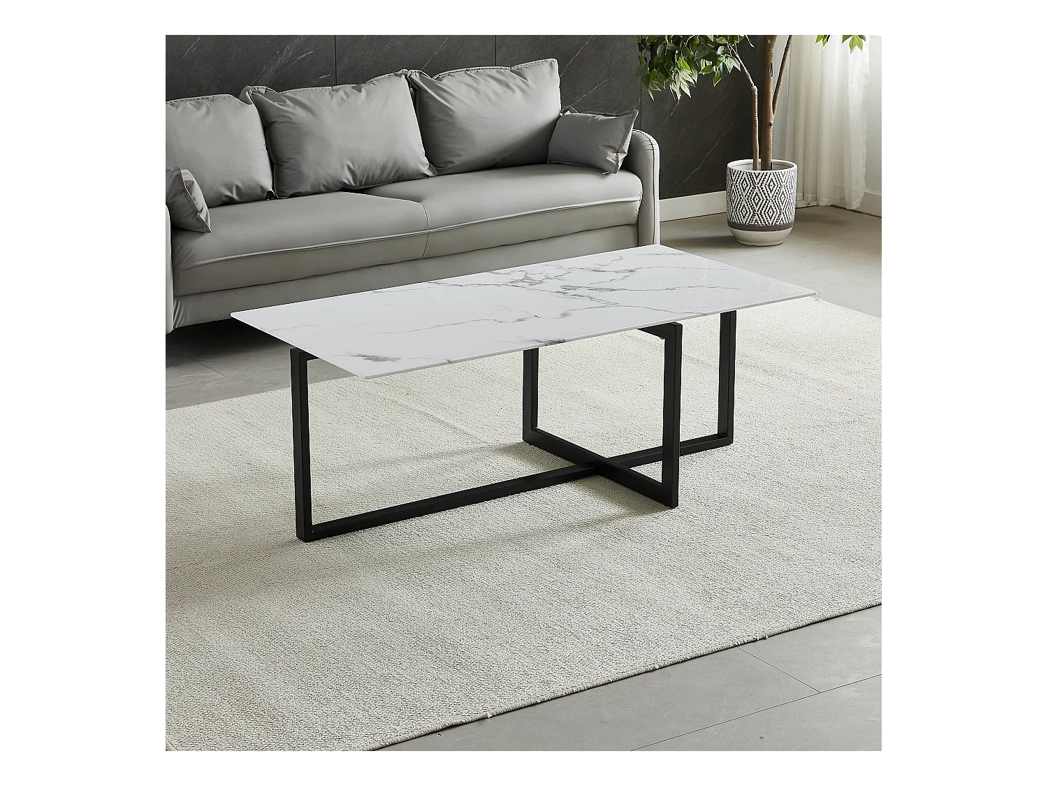 Table basse rectangulaire - Verre trempé effet marbre blanc - Métal noir - CHIARA