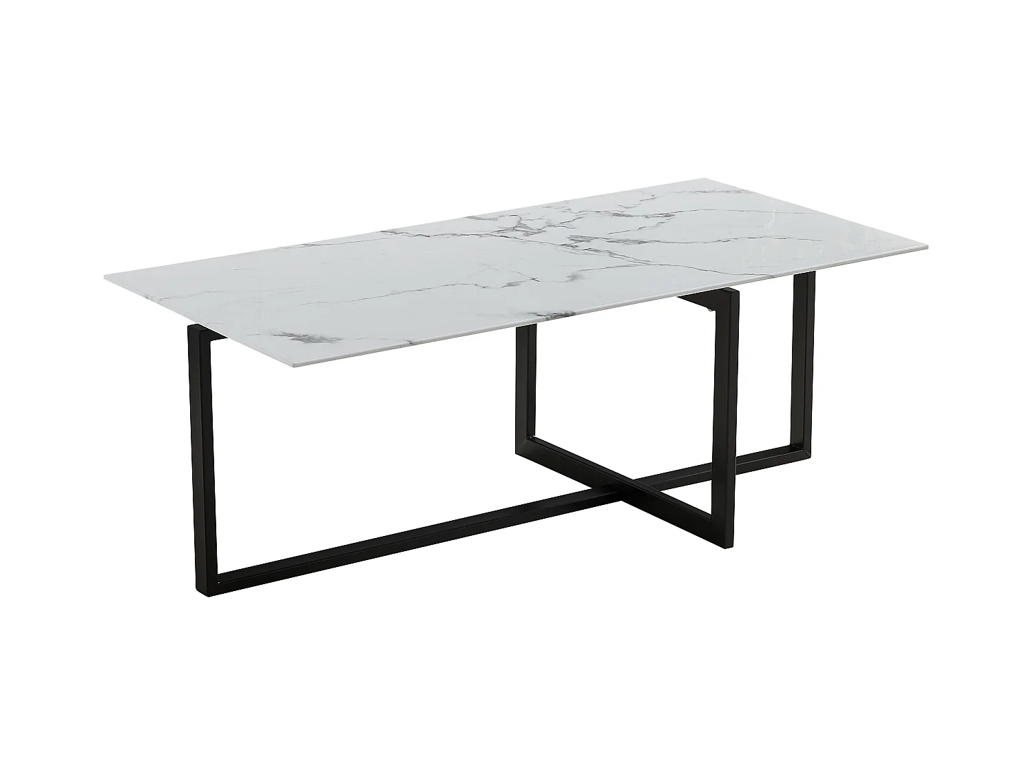 Table basse rectangulaire - Verre trempé effet marbre blanc - Métal noir - CHIARA
