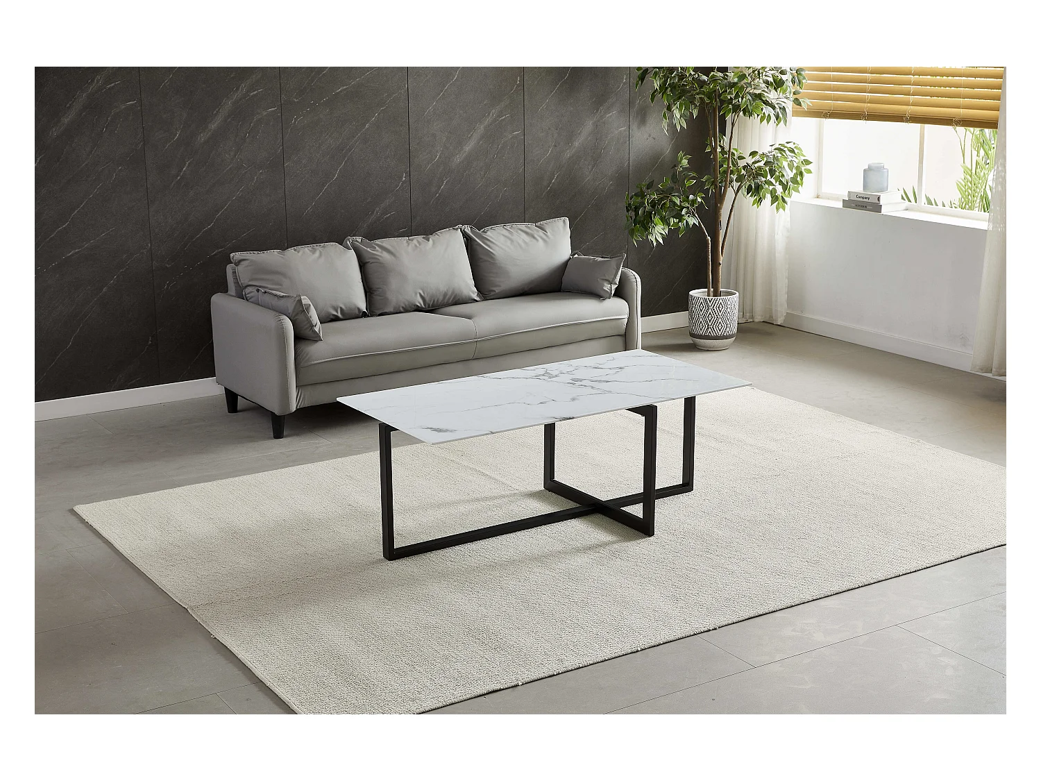 Table basse rectangulaire  - Verre trempé effet marble blanc - Métal noir - CHIARA