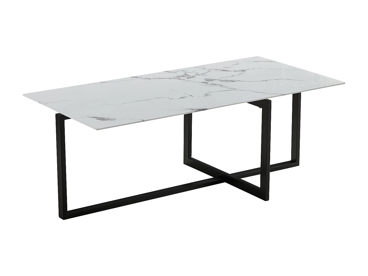 Salontafel rechthoekig - Gehard glas wit marmer - Zwart metaal