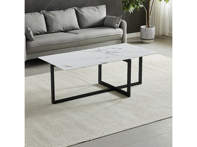 Table basse rectangulaire - Verre trempé effet marbre blanc - Métal noir - CHIARA