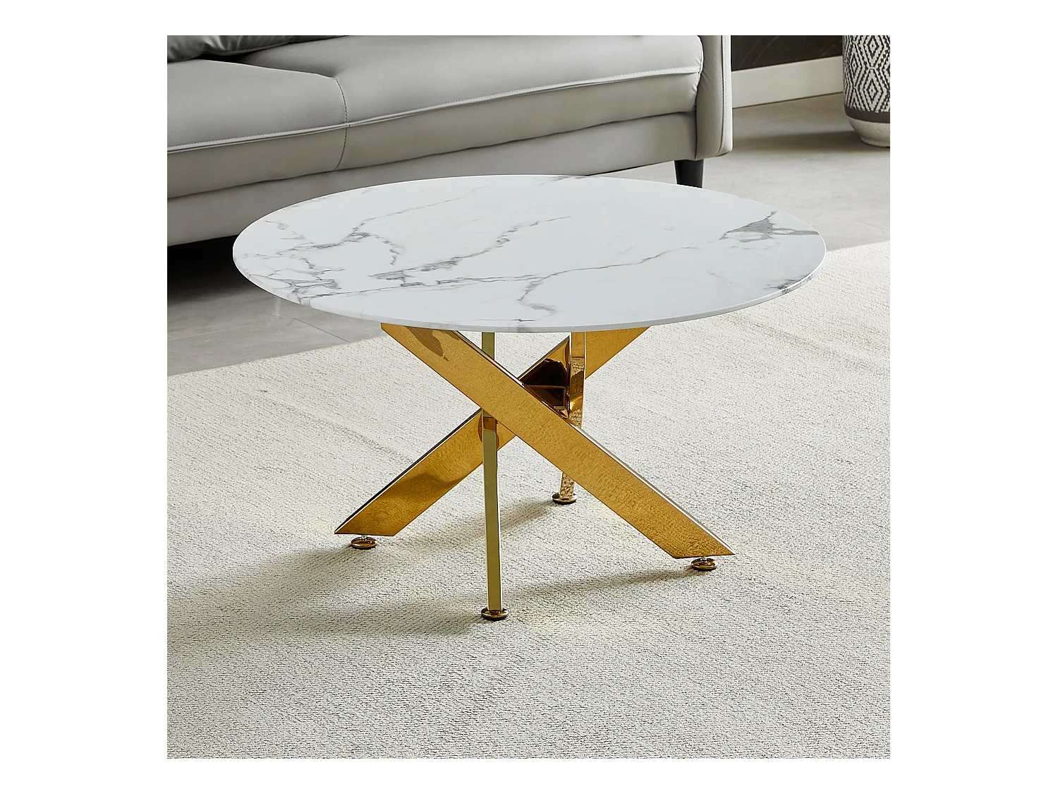 Table basse ronde - Verre trempé effet marbre blanc - Métal doré - CHIARA