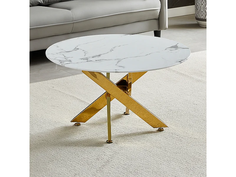 Table basse ronde - Verre trempé effet marbre blanc - Métal doré - CHIARA