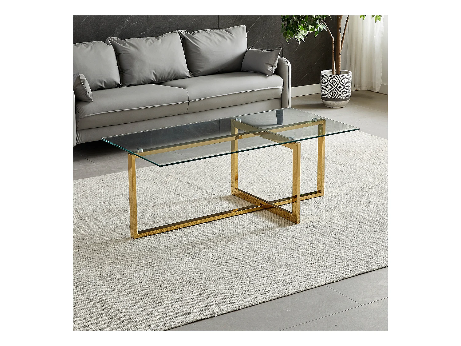 Table basse rectangulaire - Verre trempé transparent - Métal doré - CHIARA