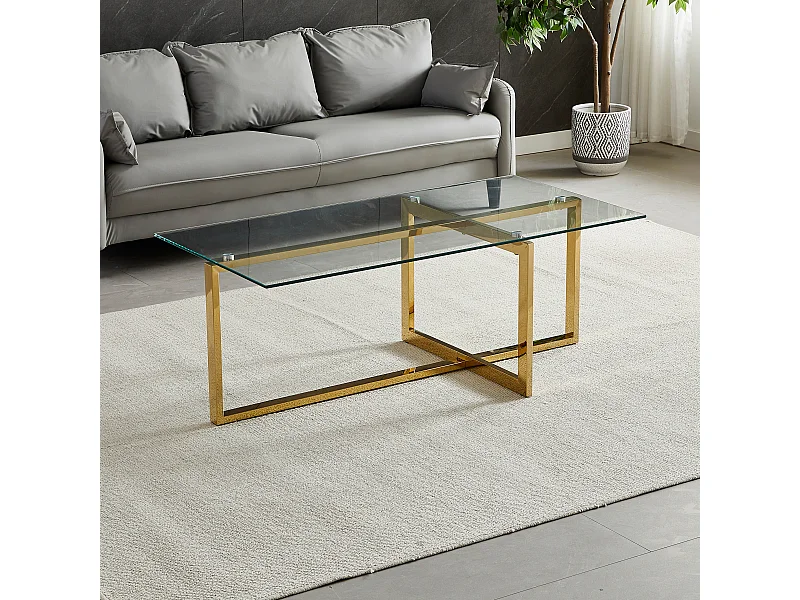 Table basse rectangulaire - Verre trempé transparent - Métal doré - CHIARA