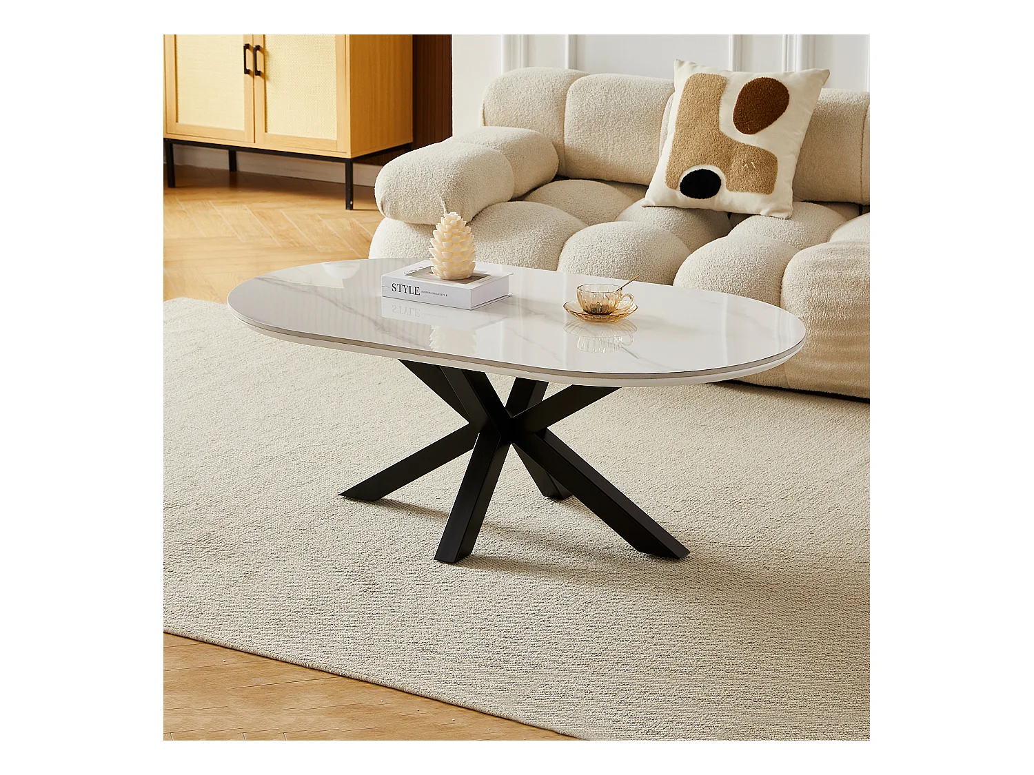 Table basse ovale - Céramique effet marbre blanc - Métal noir