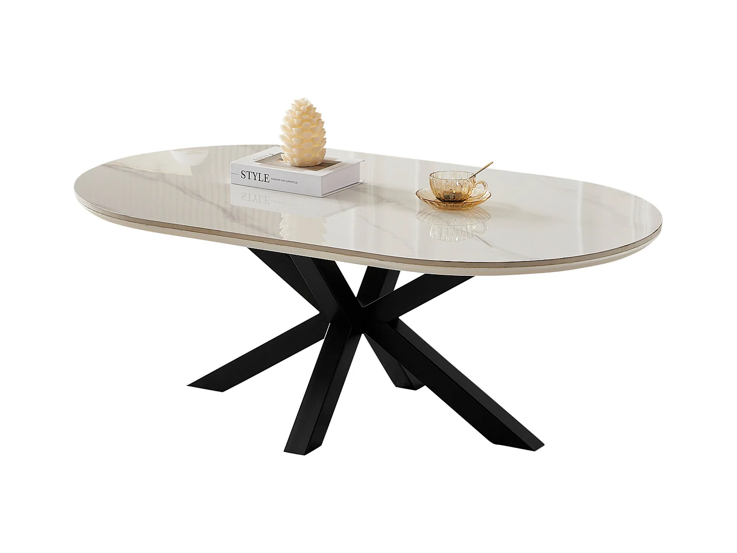 Table basse ovale - Céramique effet marbre blanc - Métal noir