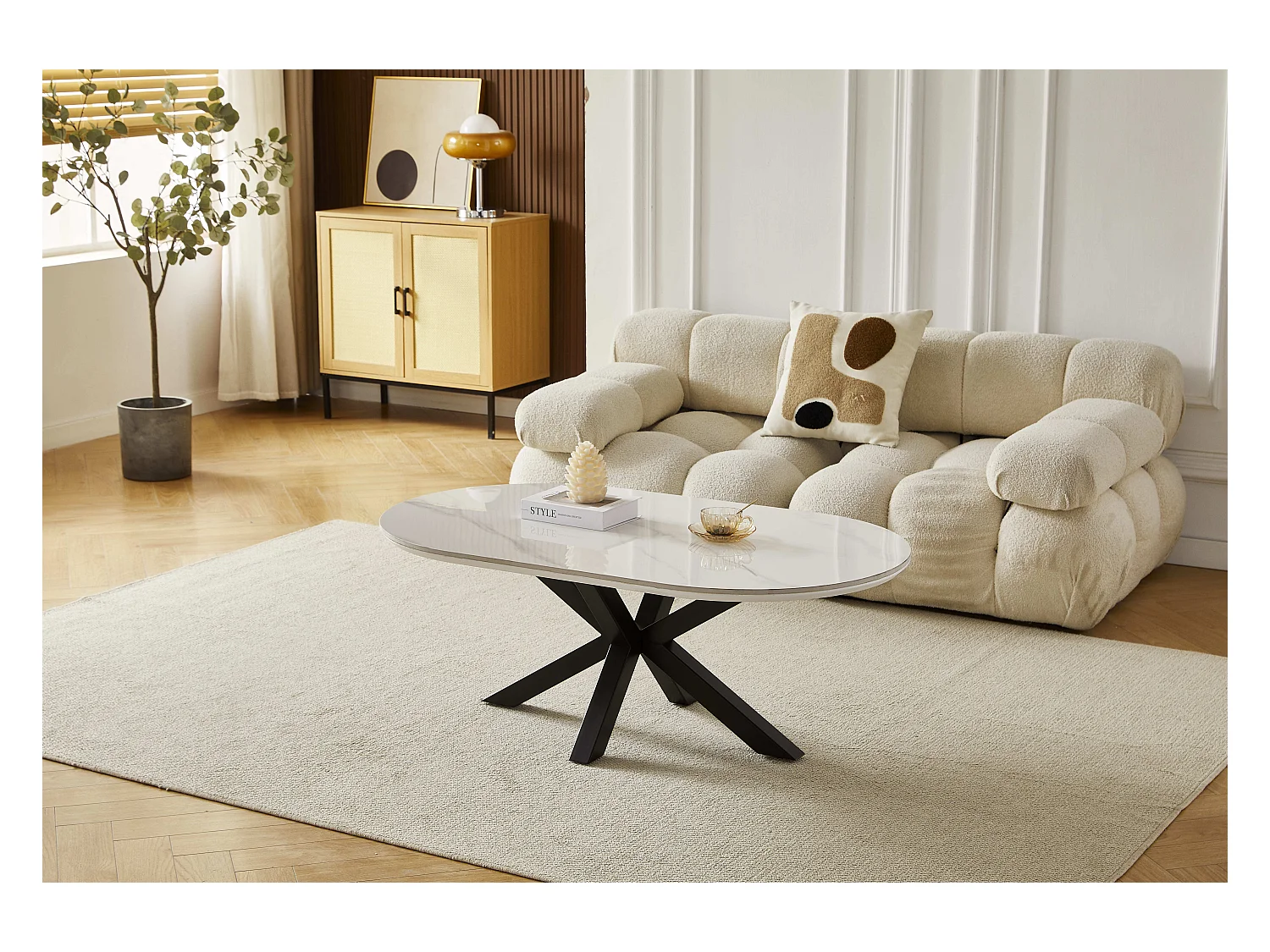 Table basse ovale  - Céramique effet marble blanc - Métal noir
