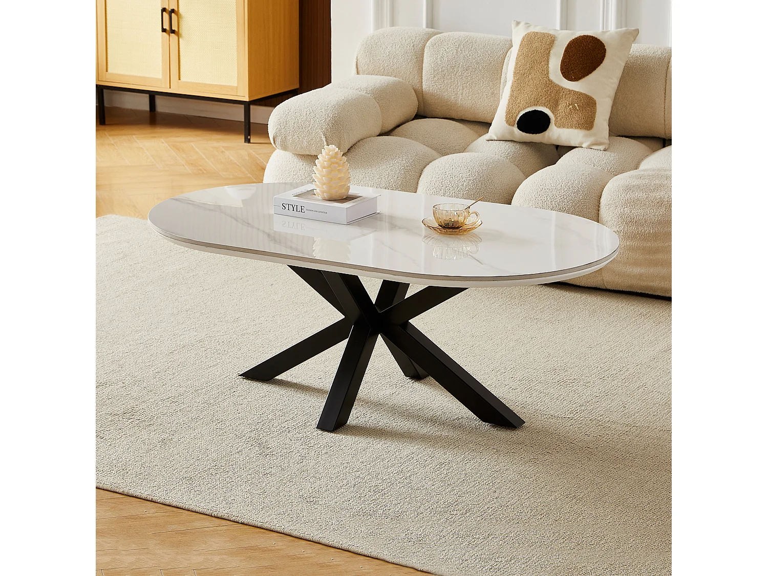 Table basse ovale - Céramique effet marbre blanc - Métal noir