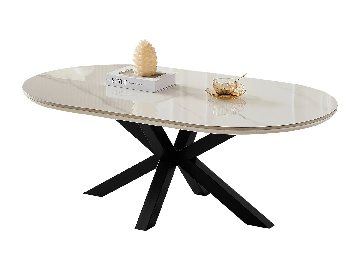 Table basse ovale - Céramique effet marbre blanc - Métal noir