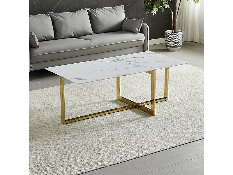 Table basse rectangulaire - Verre trempé effet marbre blanc - Métal doré - CHIARA