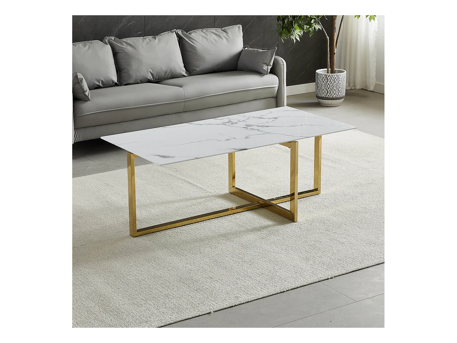 Table basse rectangulaire - Verre trempé effet marbre blanc - Métal doré - CHIARA