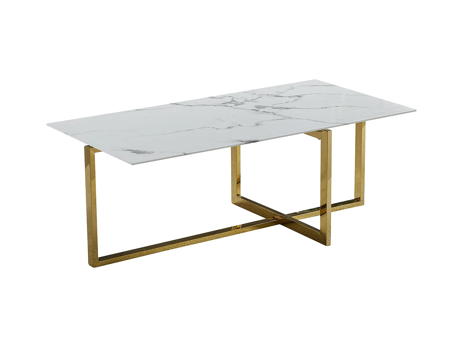 Table basse rectangulaire - Verre trempé effet marbre blanc - Métal doré - CHIARA