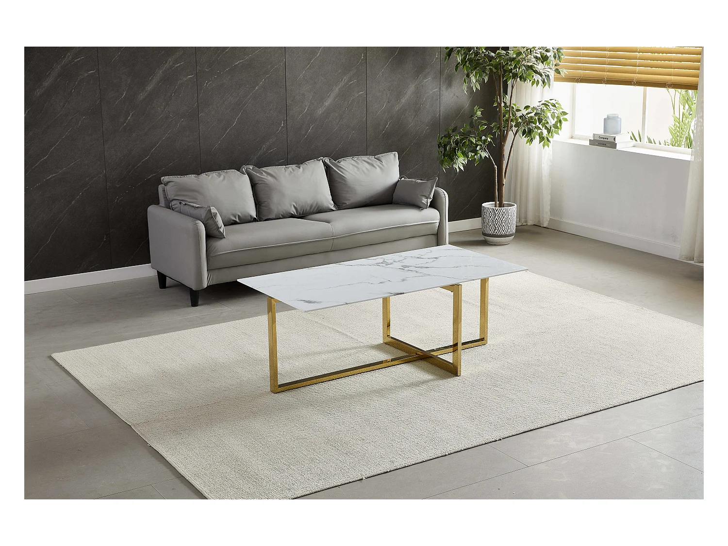 Table basse rectangulaire - Verre trempé effet marble blanc - Métal doré - CHIARA